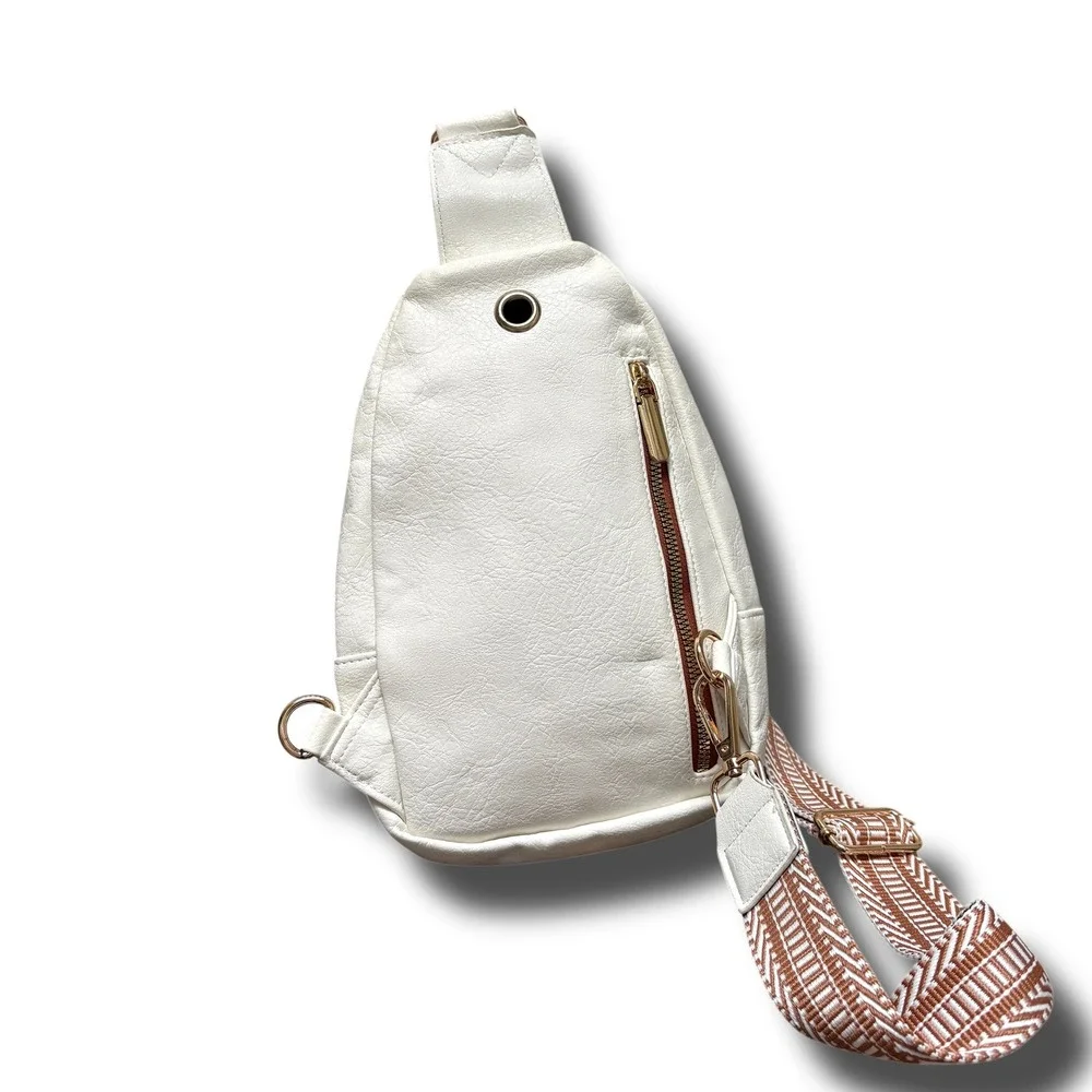 Cream Vegan Leather Sling Bag Brown Trim Patterned Crossbody Chest Pack‎ Small